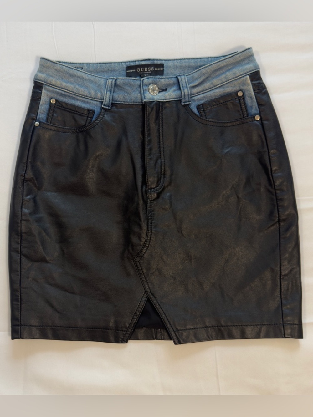 NWT Guess Women's Tarra Rebel Black Faux Leather, Denim Waist, Mini Skirt Size 2
